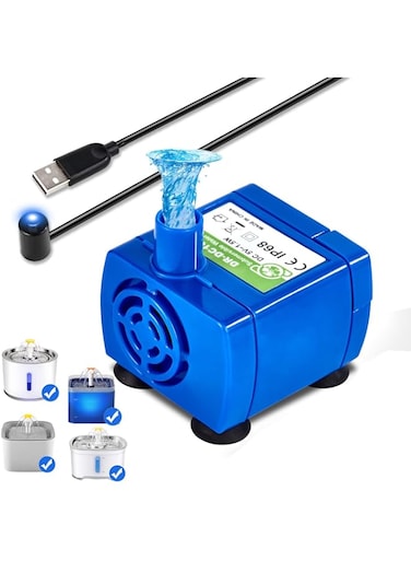 Cat Water Fountain Pump, Ultra Quiet IP68 Waterproof Pet Water Fountain Pump, Water Shortage Automatic Power Off, Replacement Pump with USB Cable for Round, Cubic, Flower Cap Cat Fountain, Blue