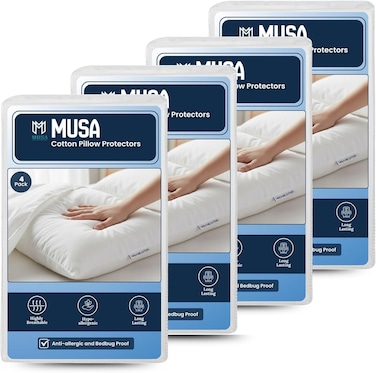 MUSA MUSA Cotton Pillow Protectors - Soft, Zippered, Anti-Allergic Pillow Covers, Pack of 4 (50 x 70cm)