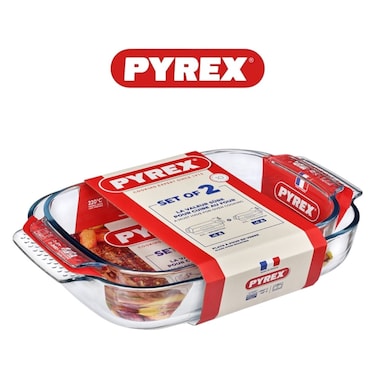 Pyrex Set of 2 Rectangular Glass Oven Roasters (3.7L + 2.7L) - Oven, Microwave, Freezer, and Dishwasher Safe