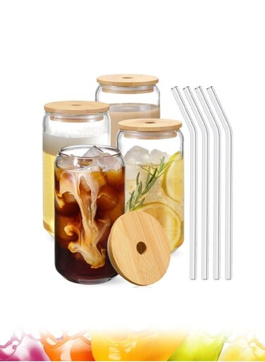 4 Pack Glass Cups with Bamboo Lids and Straws, 16OZ Drinking Tumblers for Iced Coffee, Tea and Latte