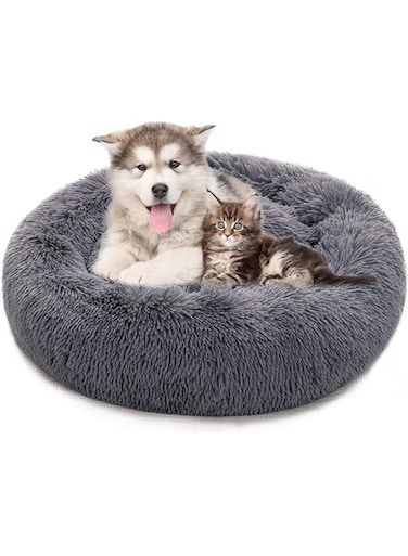 BOBBYQ Indoor Plush Dog Cat Cushion Bed, Plush Pet House, Winter Warm House,Anti-Anxiety Donut Dog Cuddler Bed, Warm and comfortable soft pet bed,With Anti Slip Bottom 60CM/80CM (Dark Gray) (60cm)