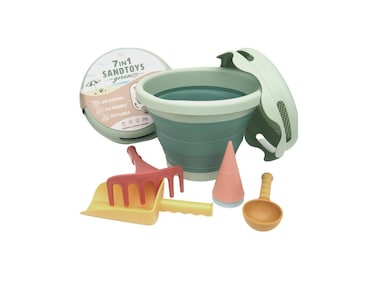 CompacToys 7-in-1 Sand Toys Set &ndash; Foldable Bucket with Shovel, Rake, Sieve &amp; Moulds, Compact Beach &amp; Sandbox Play Kit for Toddlers and Kids