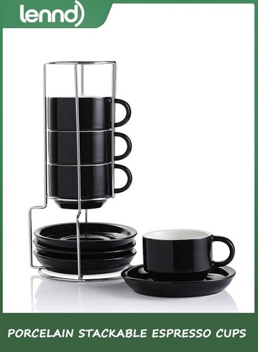 Ceramic Espresso Cups with Saucers, 4 Ounce Stackable Cappuccino Cups with Metal Stand for Coffee Drinks, Latte, Tea - Set of 4 (Black)