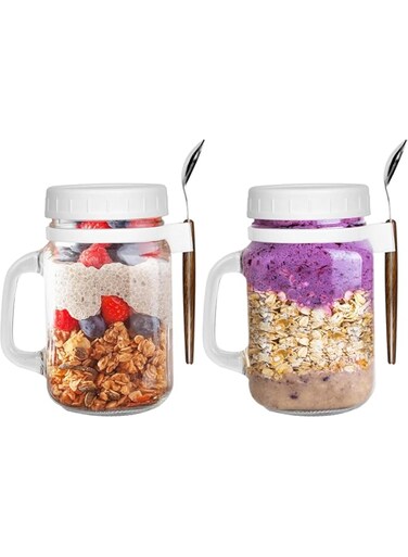 Premify 2 Pack 16oz(473ml) Overnight Oats Jars with Lids &amp; Spoons, Reusable Glass Overnight Oats Container With Measurement Marks, Food Storage For Breakfast Pots, Oatmeal Container For Milk, Cereal,