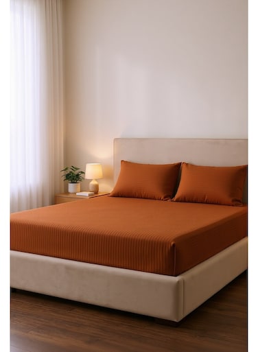 Cotton 3-Piece Microfiber Super King Fitted Sheet Set &acirc;&euro;&ldquo; Brown Striped 200 x 200 cm with Full Elastic &amp; 2 Pillowcases