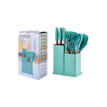 19pcs Green silicone spatula set with holder&mdash;heat-resistant, BPA-free, safe for nonstick cookware.
