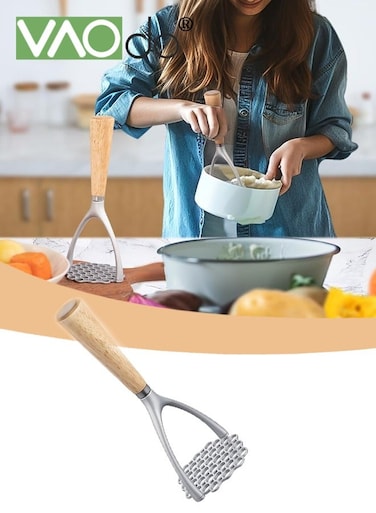 Manual Potato Masher, Aluminium Alloy Kitchen Mashing Tool with Wooden Handle, Mashed Potato Masher Kitchen Utensil for Potatoes Bean Vegetable Fruits