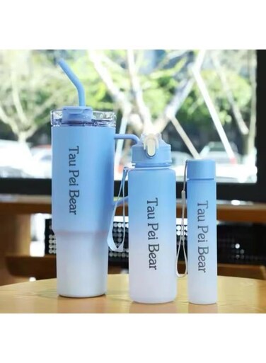 LLC Tau, Plastic Tumbler &amp; Water Bottle Set &acirc;&euro;&ldquo; 40oz, 30oz, 20oz tumbler with Handle &amp; Straw, BPA-Free, Leakproof, Insulated for Travel, Sports, School, Work, and Outdoors &acirc;&euro;&ldquo; 3-Pieces Bottle Blue