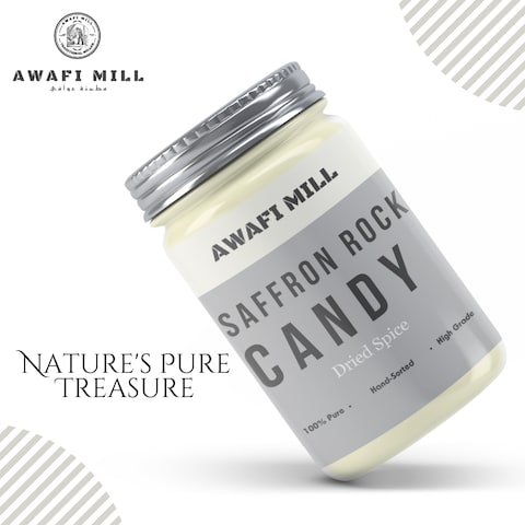 Awafi Mill Saffron Rock Candy Sugar (Nabat) - Crystalized Sugar with Saffron   Exquisite Saffron-Infused Nabat Delights (Bottle of 50 gram / 1.7 Oz)