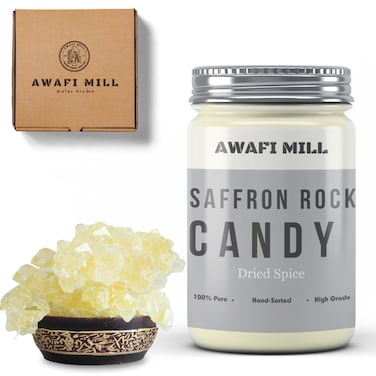 Awafi Mill Saffron Rock Candy Sugar (Nabat) - Crystalized Sugar with Saffron   Exquisite Saffron-Infused Nabat Delights (Bottle of 50 gram / 1.7 Oz)