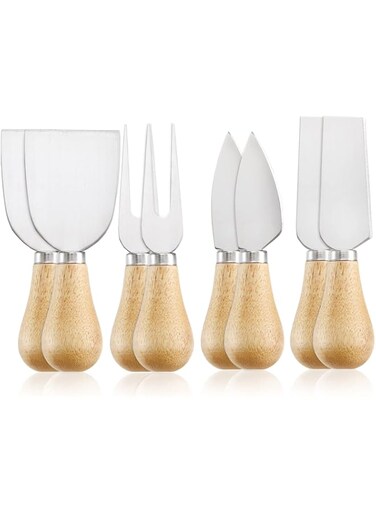 Fasmov 8 Pack Cheese Knives Set with Acacia Wood Handle, Stainless Steel Mini Cheese Knife Set for Charcuterie and Cheese spread, 2 Cheese Knife, 2 Cheese Shaver, 2 Cheese Spreader, 2 Cheese Fork