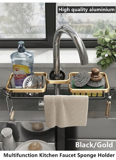 1-Piece Kitchen Faucet Sponge Holder Kitchen Organizer for Dishcloth and Cleaning Brush Holder Black/Gold 30.8 x 10 x 3 Centimeter