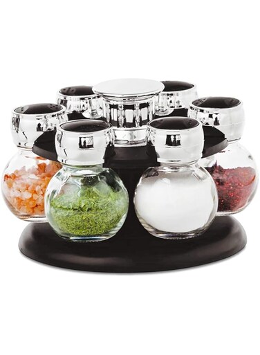 Home Smart PREMIUM Revolving Spice Rack   Glass Jar Bottles Set of 7   Spice Jars For Kitchen Organizer And Storage   Premium Gift