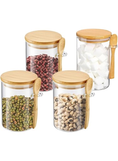 DOOKOO 4 Pack Glass Jars with Bamboo Airtight Lid and Spoons, Clear Sugar Container Glass Storage Containers with Lids Food Glass Canisters with Airtight Lids for Coffee Beans Tea Flour Nuts,18oz