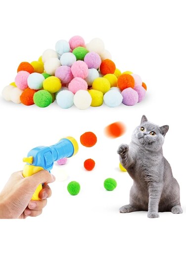 ZFanyun 100pcs Cat Toy Ball Launcher Set, Fun Colorful Plush Cat Ball Toys Pom Pom Ball Launcher Cat Interactive Toys for Indoor Cats Plush Ball Launcher for Kittens Playing Toy