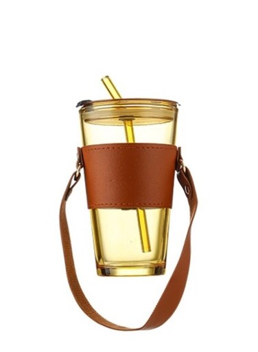 Glass Tumbler 500ml with Glass Straw and Lid Glass Cup with Leather Sleeve Glass Coffee Mugs for Straw and Direct sip Dual Use Summer Travel Essential Bottle