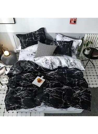 for Less 4-Piece Marble Design Bedding Duvet Set Cotton Black/White 160 x 210centimeter