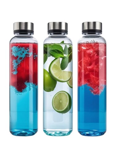 3-Pcs Juice Bottles - 300ml Wide Mouth Glass Bottle with Lids - Leakproof, BPA-Free, Stainless Steel Caps for Juicing, Smoothies, Infused Water, Beverages - Reusable 10oz Bottles for Travel