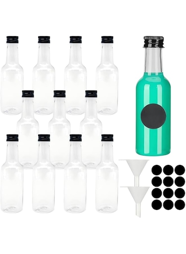 Set of 12 Clear Small Favour Bottles with Caps 100ml Round Sample Bottles with Funnels Reusable Empty Bottles Plastic Juice Bottles Containers with Stickers Ginger Shot plastic Bottles(Plastic, 100ml)