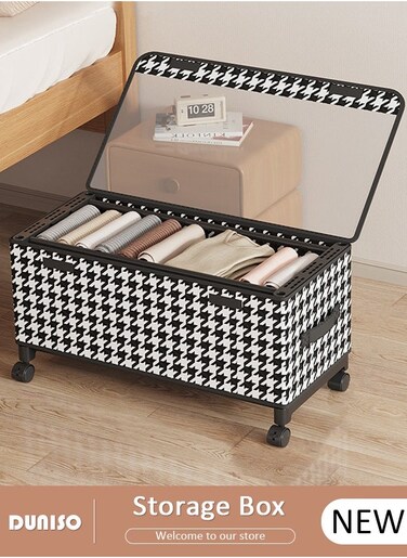 Non-Woven Fabric Storage Box with Transparent Lid, Strong Handle and 4 Wheels, Stylish Black and White Two-Tone Pattern and Metal Frame,Large Capacity Storage Organizer For Clothes Toys