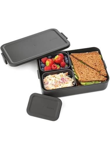 Brabantia - Make &amp; Take Lunch Box Bento - Large - Removable Compartments for Food Separation - Lid with Clips - Suitable for Freezer - Dishwasher &amp; Microwave Safe - Dark Grey - 25.5 x 16.7 x 6.2 cm