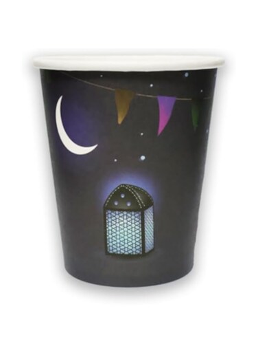 Ramadan Paper Cups with Crescent Moon Design, White and Gold, Disposable (Black)