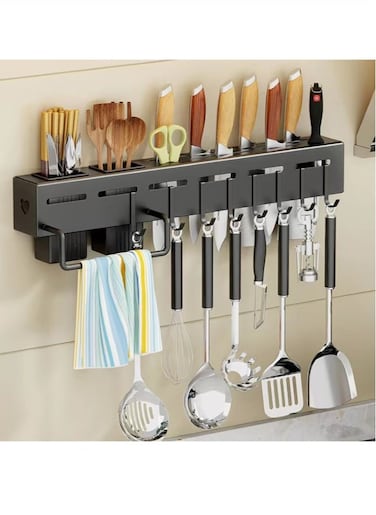 1-Piece Multi-Functional Kitchen Storage Rack Kitchen Shelving With Double Cup And Hook Black 50x7.4x5.5 cm