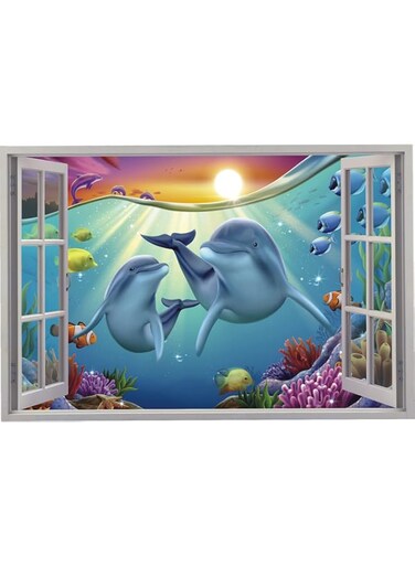 BPA 3D Dolphin Wall Stickers,3D Fake Window Stickers,Ocean Fish Wall Sticker for Bathroom,Sea Animals Wall Decals,Tropical Fish Wall Art Sticker for Bedroom Living Room Kids Nursery Decor 60&times;40CM