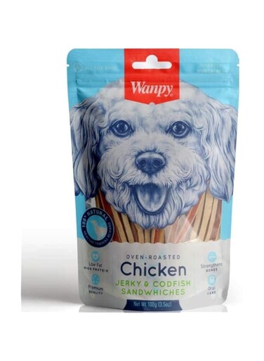 Wanpy Oven-Roasted Chicken Jerky and Codfish Sandwiches - Dog Treats 100g