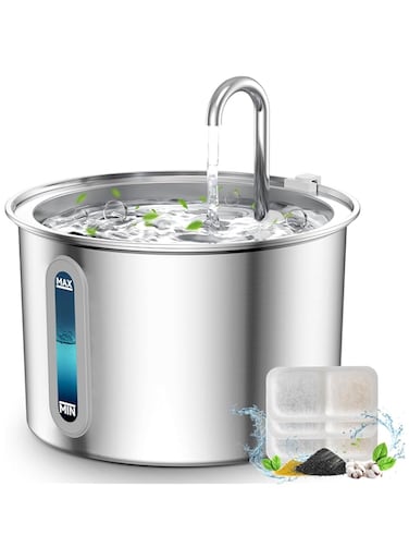 Oneisall Stainless Steel Cat Water Fountain,Quiet Cat Water Fountain with LED Light and Water Level Window,2L Pet Water Fountain with Replacement 3Sets Filters,Cat Drinking Fountain Indoor