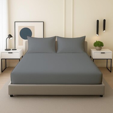 CRAFT 3 Piece Fitted Sheet Set - Queen Size Fitted Bed Sheet &amp; 2 Pillow Shams, 100% Cotton, 300TC, Grey