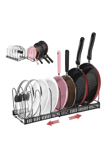 Pots and Pans Organizer for Cabinet,Kitchen Organizer and Storage Rack,Space Saving Stand with Adjustable Dividers,12 Layer Horizontal Black.