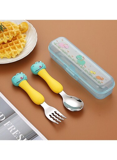 Portable Cutlery Set Stainless Steel Fork And Spoon Set With Storage Box Blue/Yellow