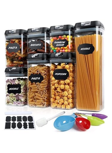 HIGHLAND 7 Pc Storage Container Sets for Kitchen with Labels Marker Pen Measuring Scoop and Cleaning Brush - Airtight Food Storage Containers - Cereal Storage Container Set for Kitchen &amp; Pantry