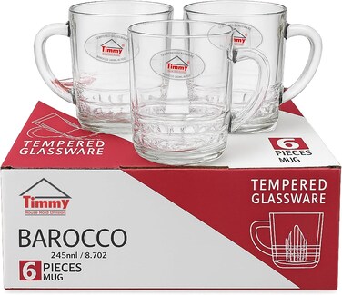 Barocco Glass Mug Set - 6 Pieces, 245ml Capacity - Premium Tempered Glassware, Durable and Elegant Design, Perfect for Tea, Coffee, and Daily Use, High-Quality Heat-Resistant Drinkware