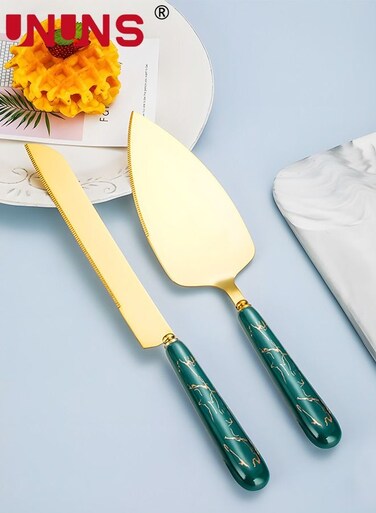 Cake Knife And Server Set,Stainless Steel Golden Cake Cutting Set With Ceramic Handle For Cake Pizza Pie Bread And Dough,Set Of 2