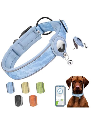 OBABO [Upgrade] Reflective Air-T-a-g Cat Dog Collar, Heavy Duty Padded Puppy Collar with Air-T-a-g Holder, Adjustable Air-T-a-g Pet Collar for Small Medium Cat Dogs (Blue M(15"-18"))