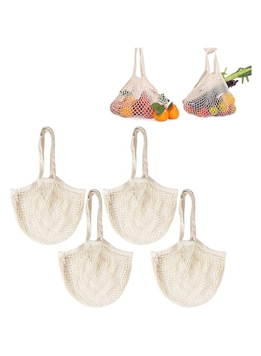 Lifelog Portable Cotton Bag Net Bag 4 Pack Net Cotton String Shopping Bag Net Reusable Shopping Tote for Grocery Shopper Storage Beach Toys Fruit Vegetable (Long Handle)