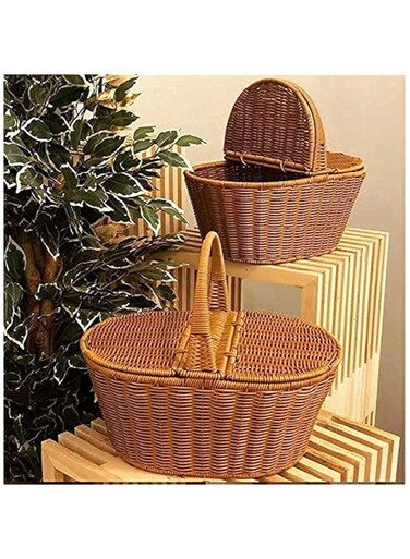 Picnic basket Handmade Durable Basket with Handle, Wicker Camping Picnic Basket with Double Lids, Shopping Storage Hamper Basket with Cloth Lining