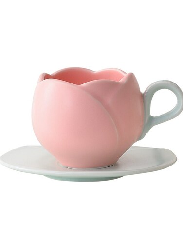 retro tulip pink coffee cup, beautiful and exquisite flower mug, afternoon tea ceramic cup and saucer set