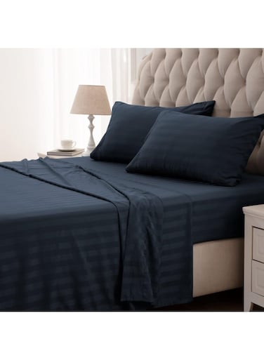 3-Piece Navy Blue Cotton Bed Sheet Set &acirc;&euro;&ldquo; Ultra Soft Flat Sheet &amp; Pillowcases with Striped Design, Breathable &amp; Comfortable for Home or Hotel (Single/Double)