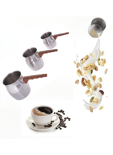3 Pcs Stainless Steel Arabic Coffee Maker Sauce Pot Chocolate Milk Warmer Butter Mini Warmer Pot with Stove Spout (200ml, 400ml, 600ml, Silver) (Steel with Brown Handle)