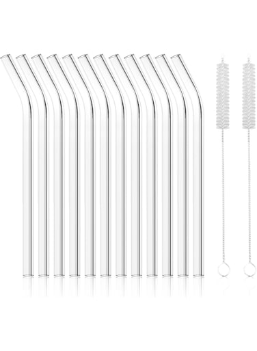 Pack Reusable Glass Straw, 8.5" x 10MM Bent Clear Glass Drinking Straws for Hot &amp; Cold Drinks, 2 Cleaning Brushes Included
