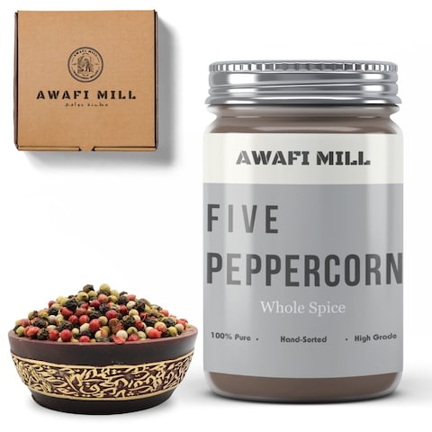 AWAFI MILL Five-Peppercorn Blend - Black, White, Green, Pink, and Szechuan Pepper Medley - Perfect for Culinary Creations - Versatile Spice for Every Dish (Bottle of 50 gram / 1.7 Oz)