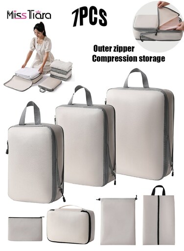 7-piece Set Of Clothing Compression Storage Bag Clothing Folding Storage Box Clothes Shoes Suitcase Travel Bag Beige