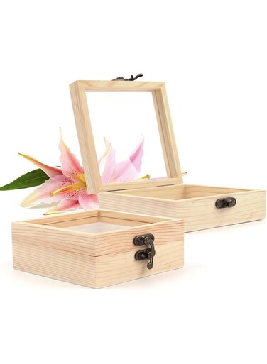 Khazna Wooden Boxes, Handcrafted Wooden Gift Box Natural Pine Wooden Storage Box with Hinged Lid and Glass for Crafts, Jewelry, Gift, Keepsake 2Pcs (4.72 x 4.72 x 1.96 Inches)