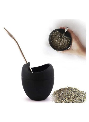 Reusable Silicone Cups Mate Gourd Cup Mug Set With Stainless Steel Straw Filter To Drink Tea And Yerba Drinking, BPA Free Easy Clean 180 Ml (Black)