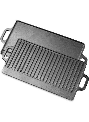 ReversibleCast Iron Griddle with Handles, Preseasoned &amp; Non-Stick for Gas Stovetop, Oven, and Open Fire