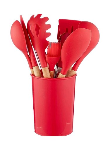 11-Piece Wooden Handle Non Stick Cookware Spoon Set Red