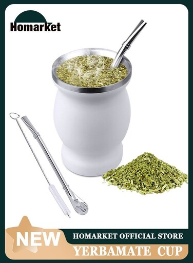 Yerba Mate Tea Cup, Stainless Steel Double Walled Easy Wash Household Insulation Cup, Mate Gourds for Yerba Mate Loose Leaf Drinking with Bombilla Straw, White 230ML